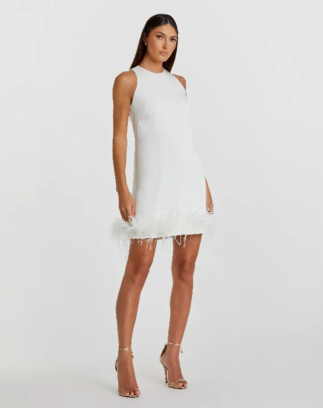 White Feathered Hem High Neck Sleeveless A Line Dress