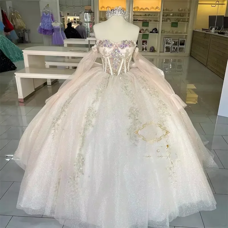 Glittering Crystal Quinceanera Dresses Long Off Shoulder Sleeves Princess Dress Party Gowns Vestidos De 15 Anos