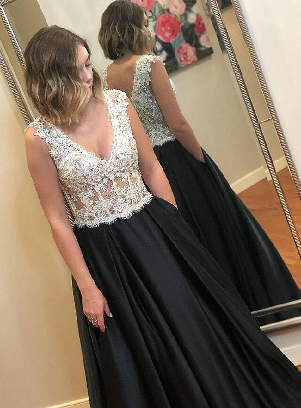 Black Satin White Lace Deep V-neck Beading Prom Dress   cg12854