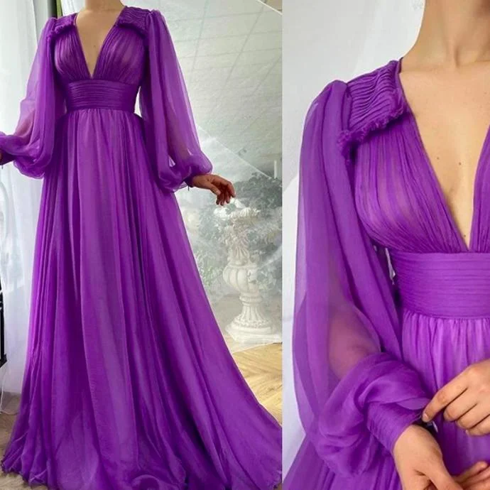 purple prom dresses 2020 deep v neck pleats long sleeve a line chiffon long evening dress cg13436 purple prom dresses 2020 deep v neck pleats long sleeve a line chiffon long evening dress cg13436