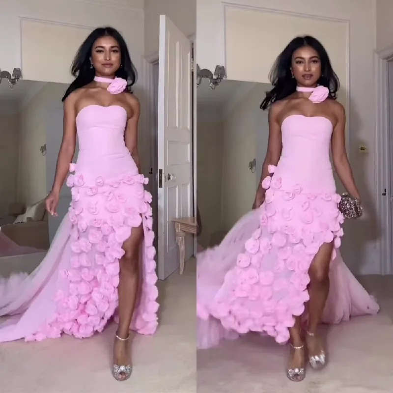 Fashion Halter Mermaid Anke Length Evening Dresses Flower Chiffon Formal Occasion Gown