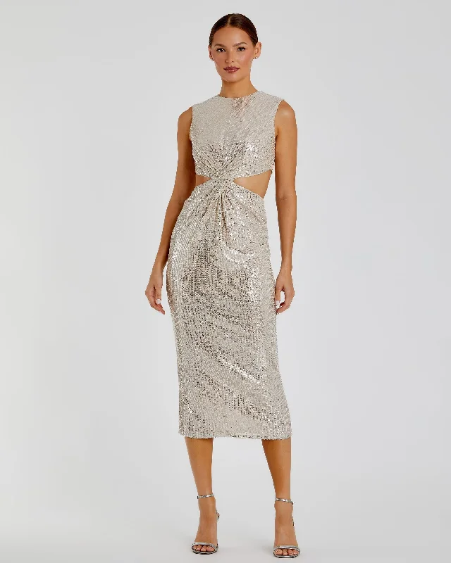 Silver Sequin Front Twist Cut Out Column Dress - FINAL SALE