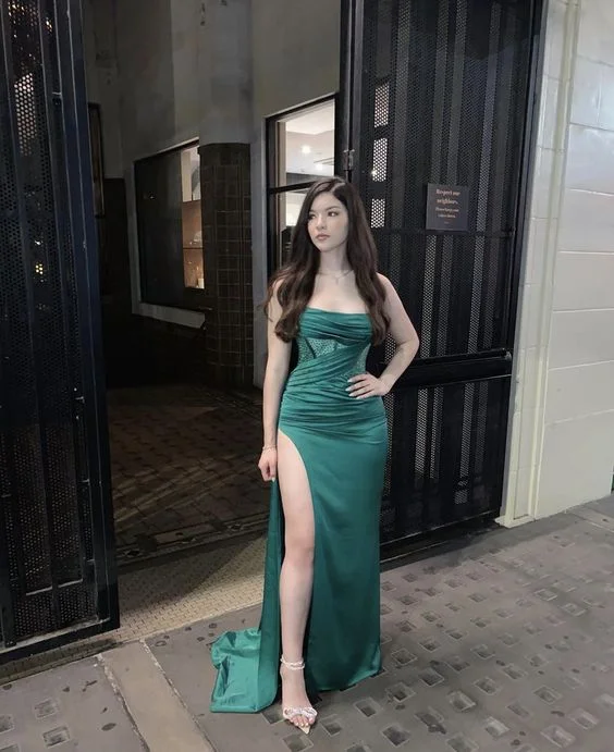 Green Sheath Evening Dress With Split,Green Evening Gown  cc1068