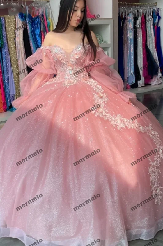 Pink Long Sleeve Quinceanera Dress Ball Gown Applique Beaded Sequins Corset Sweet 16