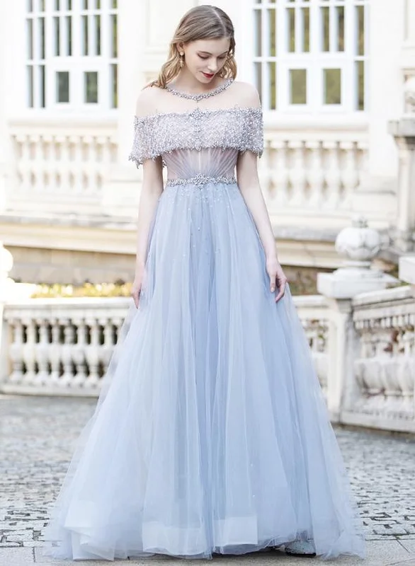 Gray tulle beads long prom dress evening dress   cg13172