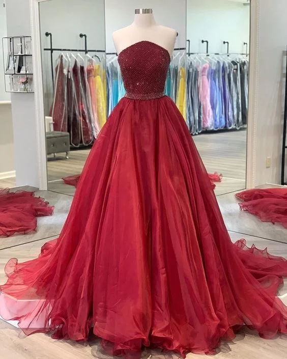 Burgundy Tulle Strapless A Line Long Prom Dress Backless Beaded Evening Dress cg13222 Burgundy Tulle Strapless A Line Long Prom Dress Backless Beaded Evening Dress cg13222