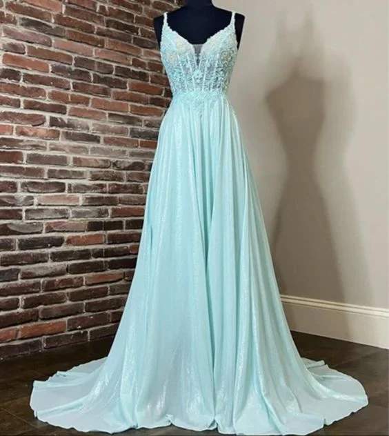 Spaghetti Long A-line Lace Chiffon Prom Dresses   cg13040