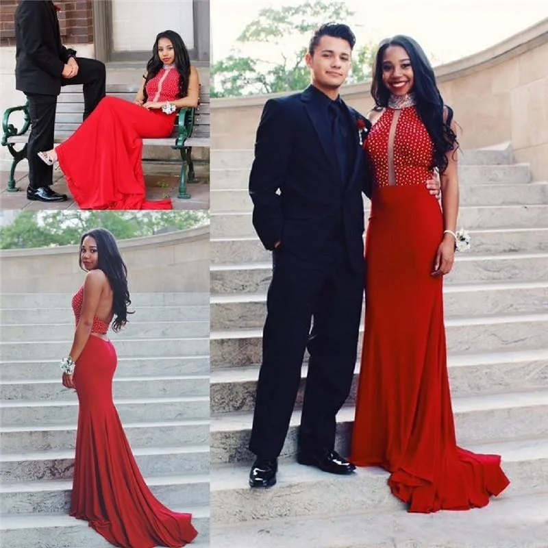 Red Halter Backless Long Mermaid Prom Dresses Mermaid Beaded Plus Size   cg12911
