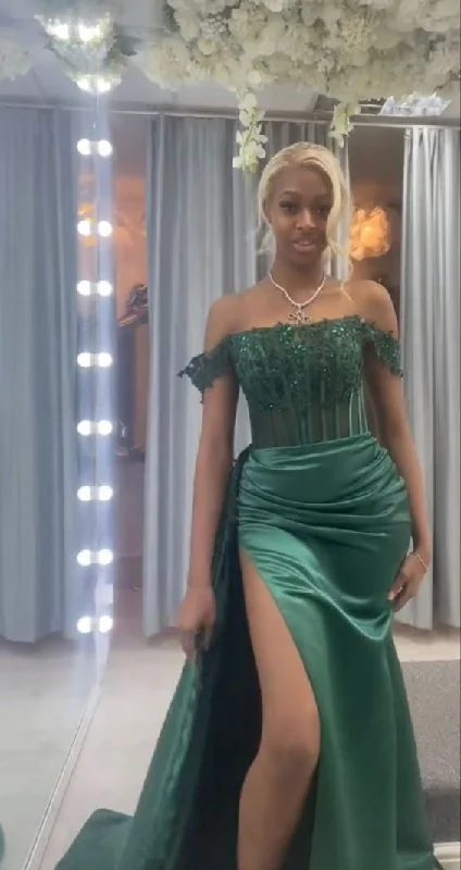 Elegant Green Off The Shoulder Evening Dress With Split  cc1169