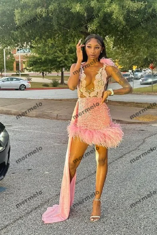 Luxury Short Pink Prom Homecoming Dress with Train Applique Crystal Black Girl Birthday Celebrity Gown Luxury Short Pink Prom Homecoming Dress with Train Applique Crystal Black Girl Birthday Celebrity Gown