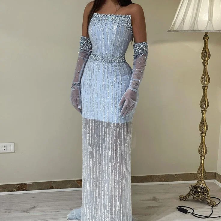 Light Blue Pearls Luxury Dubai Evening Dresses Elegant Strapless Formal Prom Gowns cc1181
