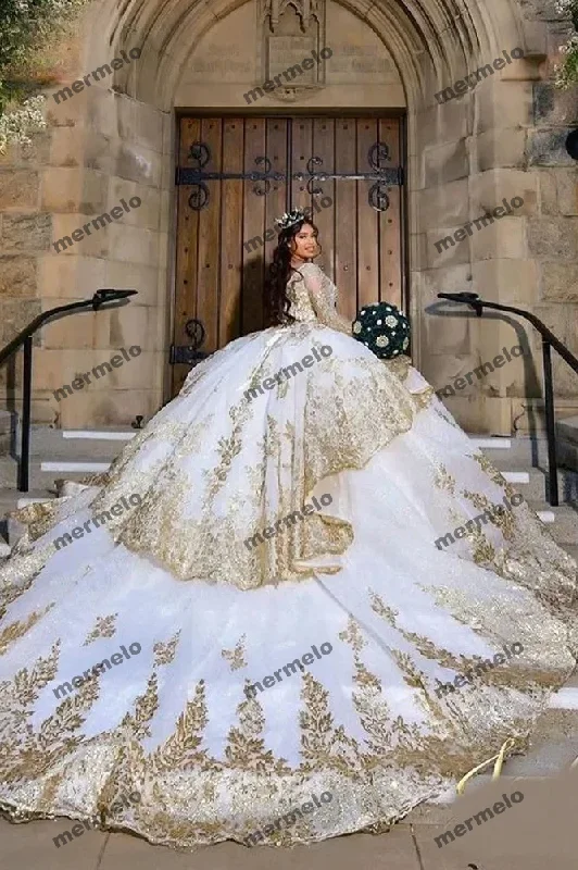 Gold Appliques Ball Gowns Quinceanera Dresses Princess Girls Birthday Party
