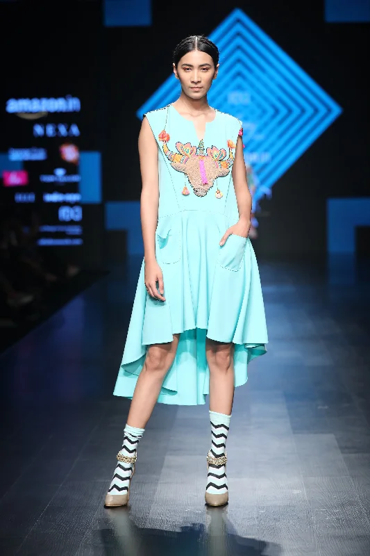 Mint Colour Shift Dress with Funky Yak Embroidery
