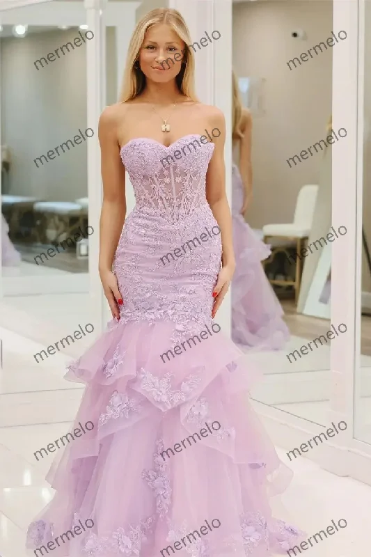 Strapless Mermaid Princess Lavender Lace Prom Dress