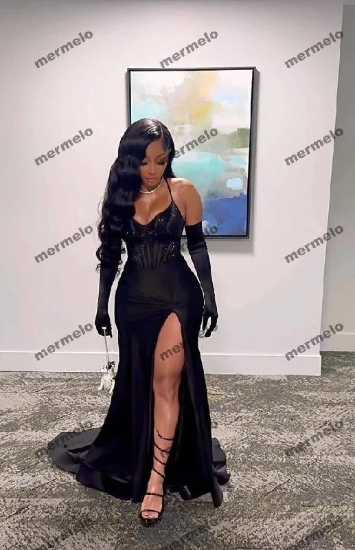Black Evening Dress Long Prom Dress With Gloves