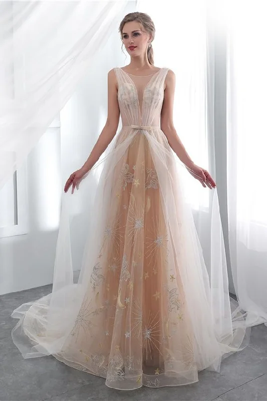 Classic Champagne Tulle Backless Long Prom Dress   cg13049