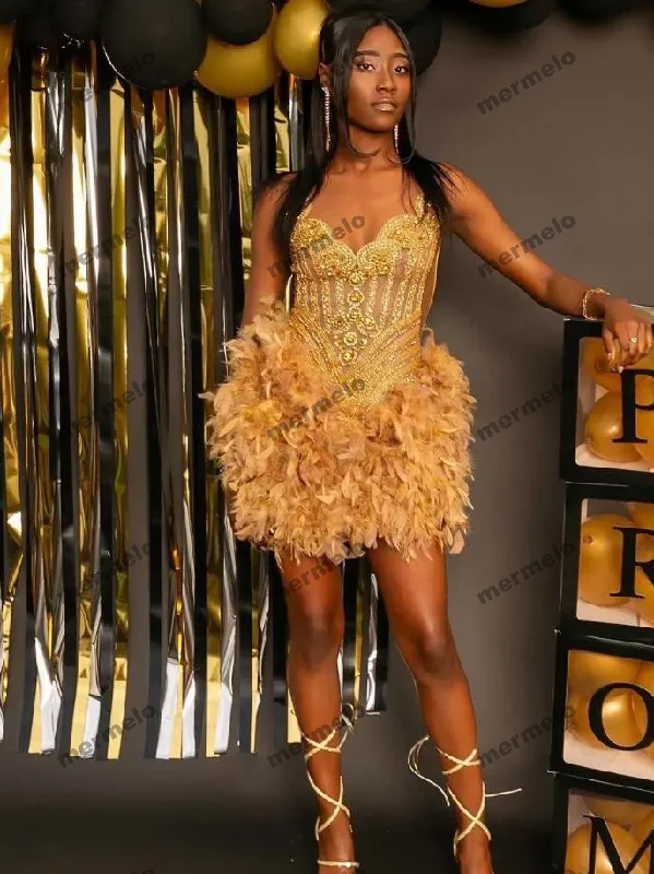 Gold Sparkly Short Prom Homecoming Dresses for Black Girl Luxury Diamond Crystal Feather Birthday gala cocktail gown Gold Sparkly Short Prom Homecoming Dresses for Black Girl Luxury Diamond Crystal Feather Birthday gala cocktail gown