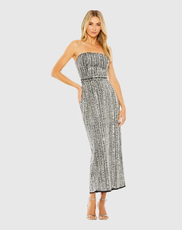 Black and Silver Embellished Strapless Column Dress