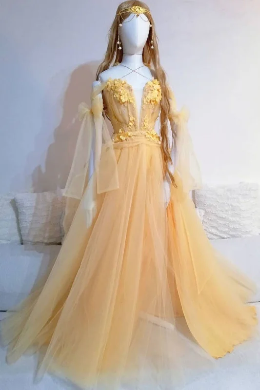 Yellow sweetheart tulle lace long prom dress yellow formal dress   cg12837