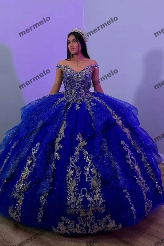 Royal Blue Mexican Quinceanera Dresses Crytals Gold Beading Lace Birthday Party Princess Gown Royal Blue Mexican Quinceanera Dresses Crytals Gold Beading Lace Birthday Party Princess Gown
