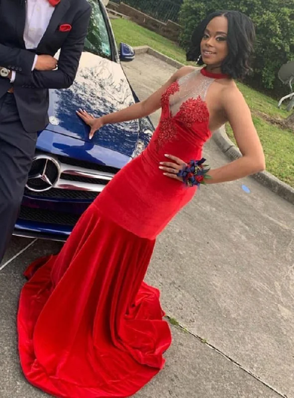 Red Mermaid Velvet Halter Appliques Beading Prom Dress   cg12822