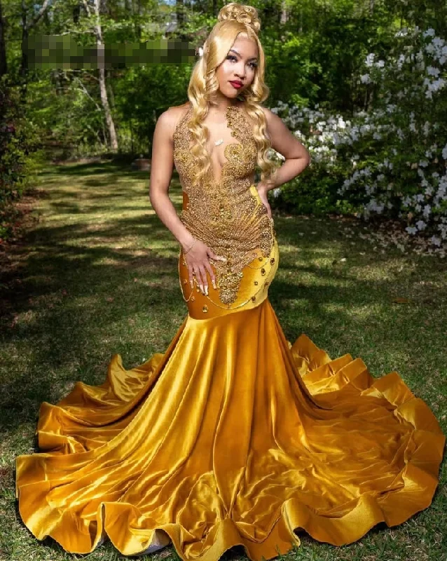 Gold Velvet Beaded Crystals Rhinestone Prom Dress For Black Girls Mermaid Ladies Dresses For Special Occasions Party Gowns