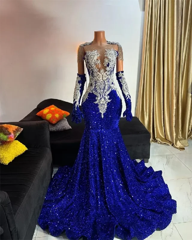 Luxury Royal Blue Sequin Mermaid Prom Dresses 2025 Crystal Beading Tassles With Gloves Mermaid African For Black Girl