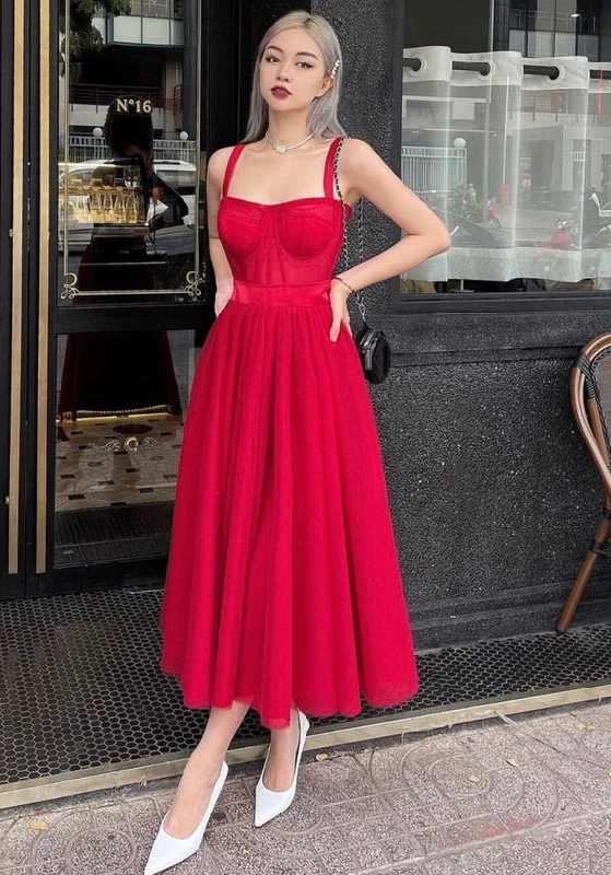 Elegant Red A-line Straps Prom Dress,Red Evening Dress cc1212