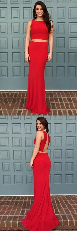 Red Stretch Satin Sleeveless Sweep Train Two Pieces Evening Dress Prom Dresses   cg12972