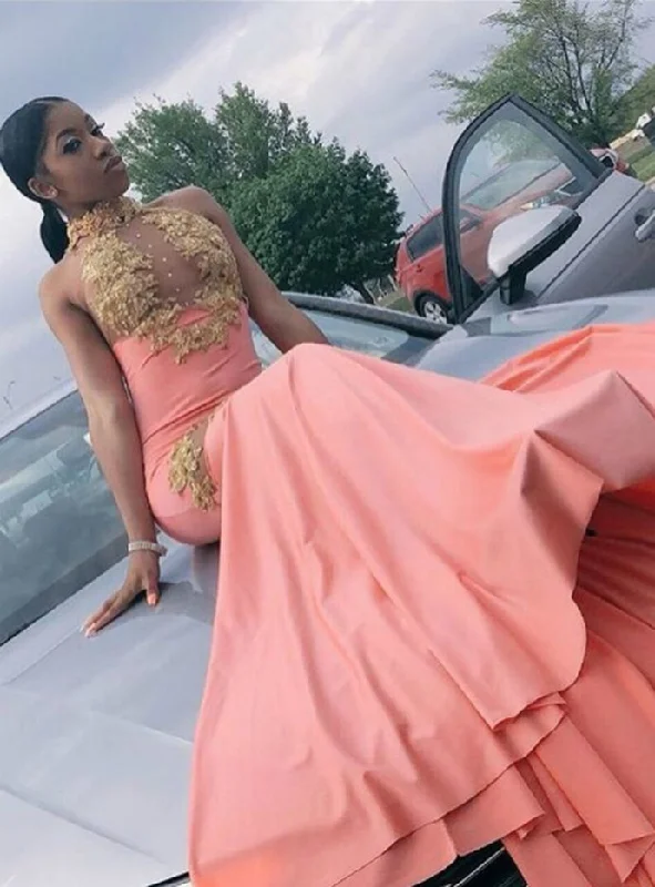 Pink Mermaid Halter Appliques Sleeveless Backless Prom Dress   cg12829