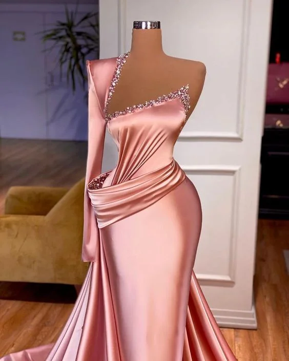 Pink Evening Dress Long One Shoulder Modest Beaded Elegant Luxury Formal Dress cc1170 Pink Evening Dress Long One Shoulder Modest Beaded Elegant Luxury Formal Dress cc1170