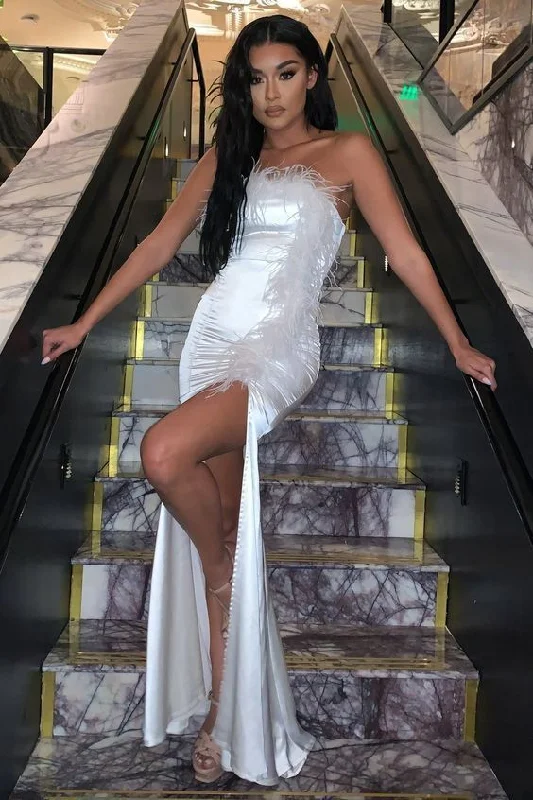 Ivory Satin Feather Bandeau Split Maxi prom Dress    cg13381