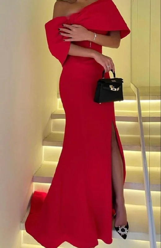 Charming Red Sheath Prom Dress With Split,Red Evening Dress cc1153