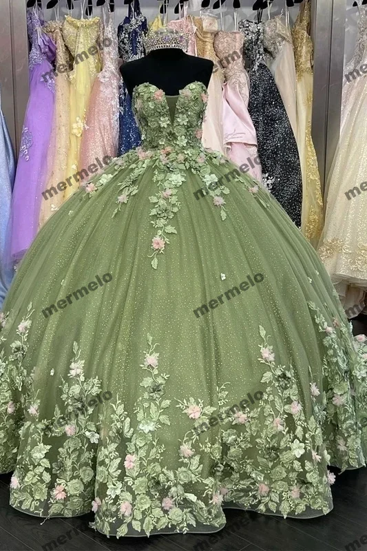 Sage Green Ball Gown Quinceanera Dresses Sweetheart 3D Floral Brithday Party
