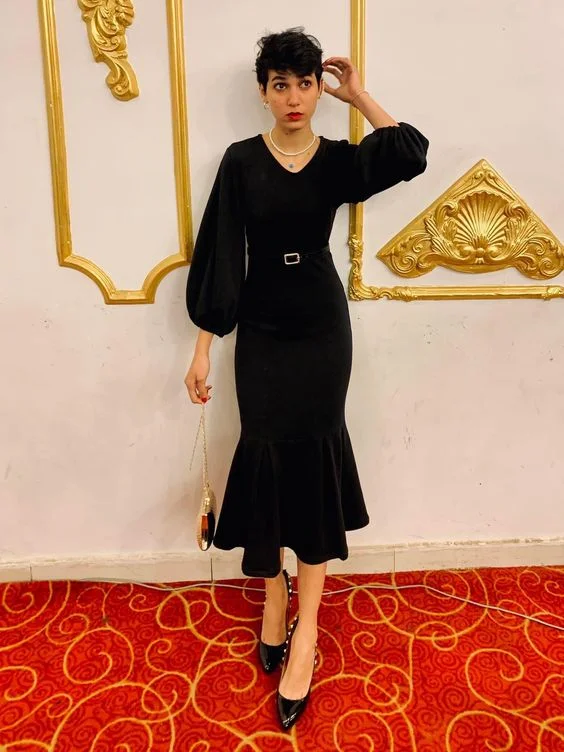 Elegant Black Long Sleeves Mermaid Prom Dress,Black Evening Dress  cc1075