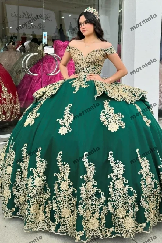 Dark Green Quinceanera Dress Ball Gown Gold Lace Applique Beading Mexican Corset Sweet 16 Dark Green Quinceanera Dress Ball Gown Gold Lace Applique Beading Mexican Corset Sweet 16