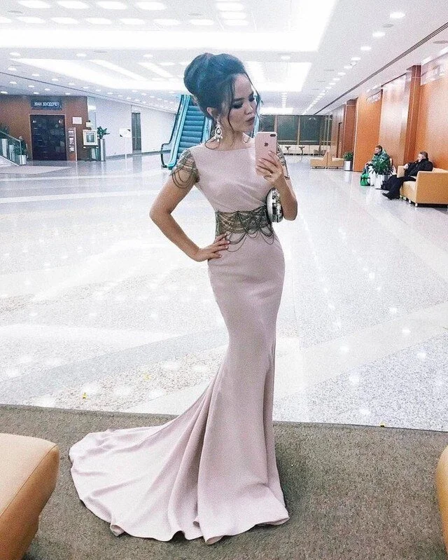 Short-Sleeves Open Back Long Formal Dress with Sheer Waist prom Dress     cg13099
