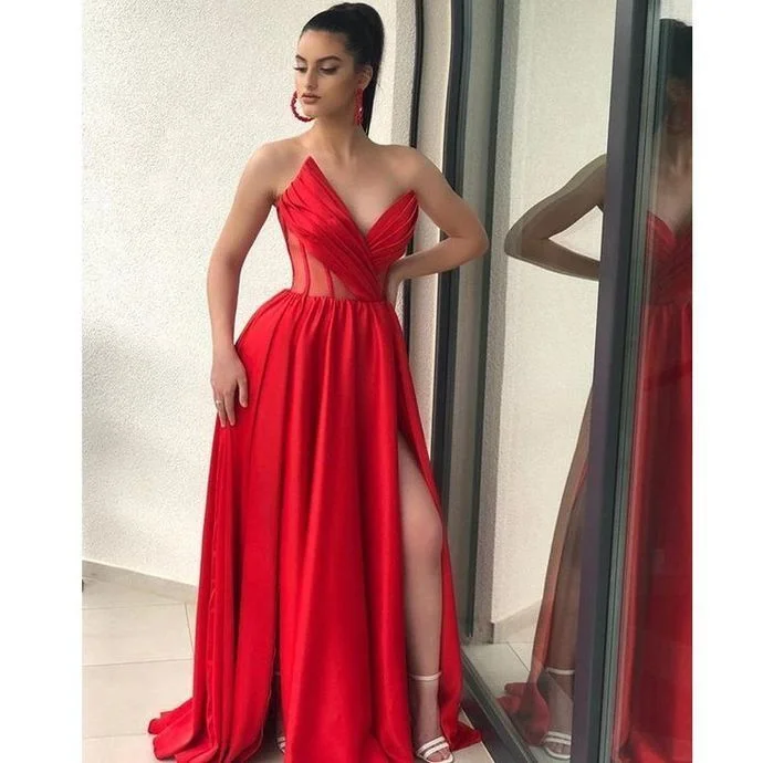 Sweetheart Red Prom Dresses Illusion Bodice Slit Satin Elegant A Line Formal Evening Dress Long Graduation Gowns cg13357 Sweetheart Red Prom Dresses Illusion Bodice Slit Satin Elegant A Line Formal Evening Dress Long Graduation Gowns cg13357