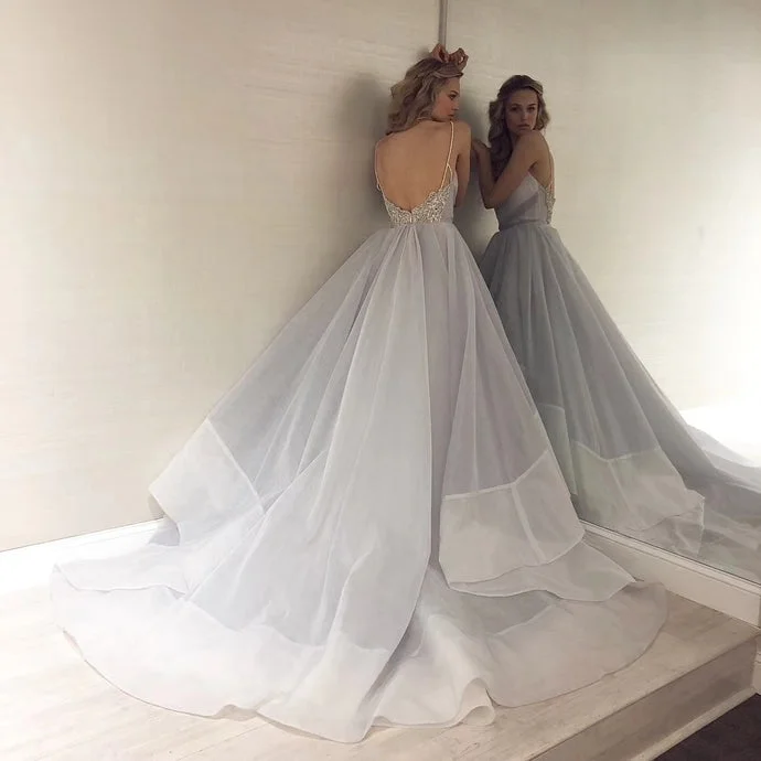 Sexy Backless Straps Gray Tulle Beading Ball Gown Prom Dress Graduation Party Gowns cg13297 Sexy Backless Straps Gray Tulle Beading Ball Gown Prom Dress Graduation Party Gowns cg13297