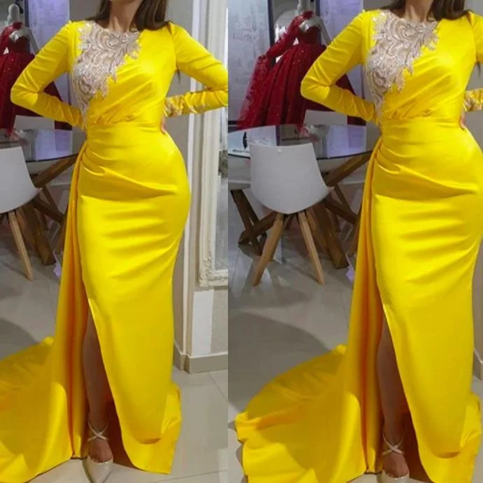yellow prom dresses 2021 crew neckline lace appliques long sleeve mermaid side slit long evening dresses gowns cg13398 yellow prom dresses 2021 crew neckline lace appliques long sleeve mermaid side slit long evening dresses gowns cg13398