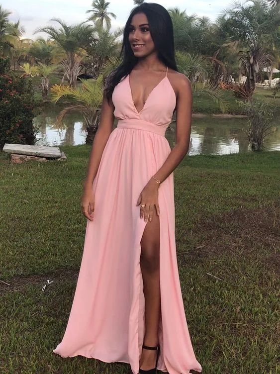 A Line V Neck Pink Chiffon Long Prom Dress, With High Slit V Neck Pink Formal Graduation Evening Dress cc992