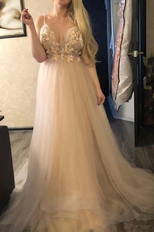 A-line V Neck Long Prom Dress With Appliques   cg13268