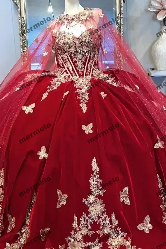 Red Gold Butterfly Applique Quinceanera Dresses Beading Off Shoulder Ball Gown With Cape Red Gold Butterfly Applique Quinceanera Dresses Beading Off Shoulder Ball Gown With Cape