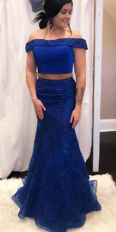 Two Piece Royal Blue Mermaid Prom Dress    cg12877