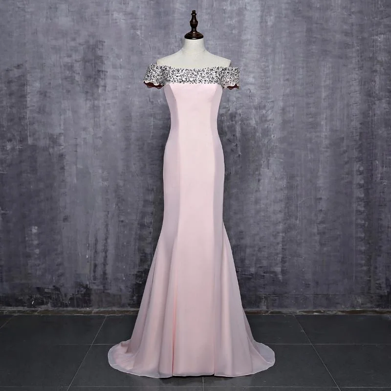 Hot Sale Off Shoulder Floor-Length Pink Beaded  Sequins Long Mermaid Bridesmaid Dresses Wedding Party Dresses,220049 Tunics Versatile stylish