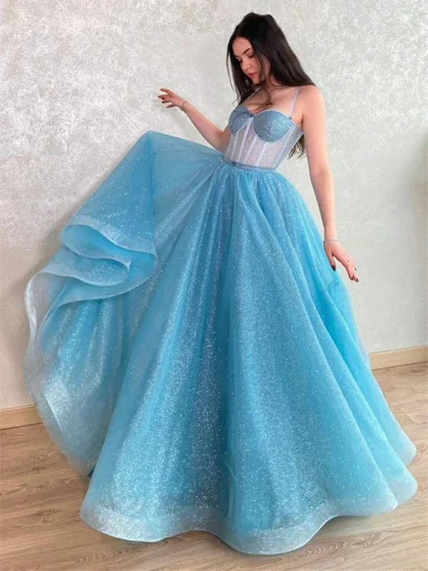 A Line Blue Tulle Long Prom Dresses, Sweetheart Neck Blue Long Formal Evening Dresses Tunics Handmade artisanal