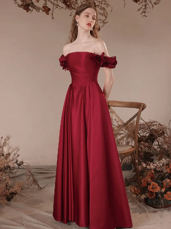 A-Line Burgundy Satin Long Prom Dresses, Burgundy Formal Evening Dresses Tunics Sophisticated sleek