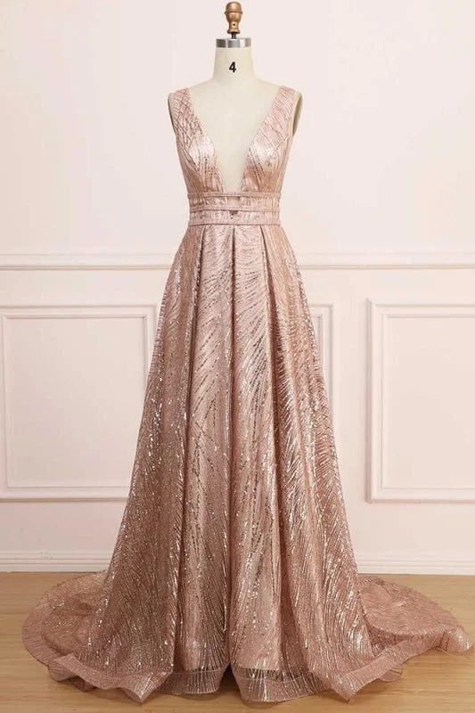 A Line Deep V Neck Long Prom with Sequins Glitter Sleeveless Evening Dress Tunics Sophisticated sleek