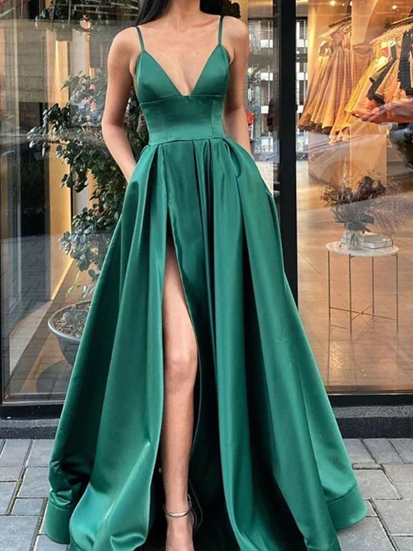 A Line Green Satin Long Prom Dresses With High Leg Slit, Long Green Satin Formal Evening Dresses Tunics Modern contemporary