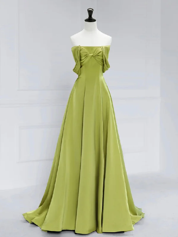 A-Line Off Shoulder Green Satin Long Prom Dress, Green Long Evening Dress Tunics Spring floral